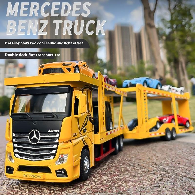 CUTRB1 1:24 Mercedes Benz Double Decker Flatbed Transport Vehicle Alloy Diecast Metal Car Model Sound Light Children Toy Birthday Gifts