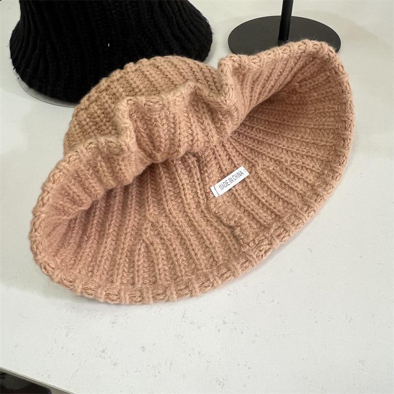 Solid color wool knitted jacquard flat top bucket hat women autumn and winter warm art college wind shade basin hat