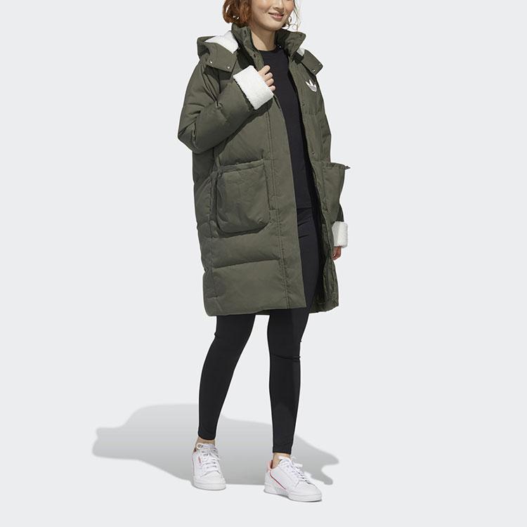 adidas Originals Long Sherpa Mid-Length Sports Down Jacket With Hood Winter Women Jackets Dark-Green GL6409