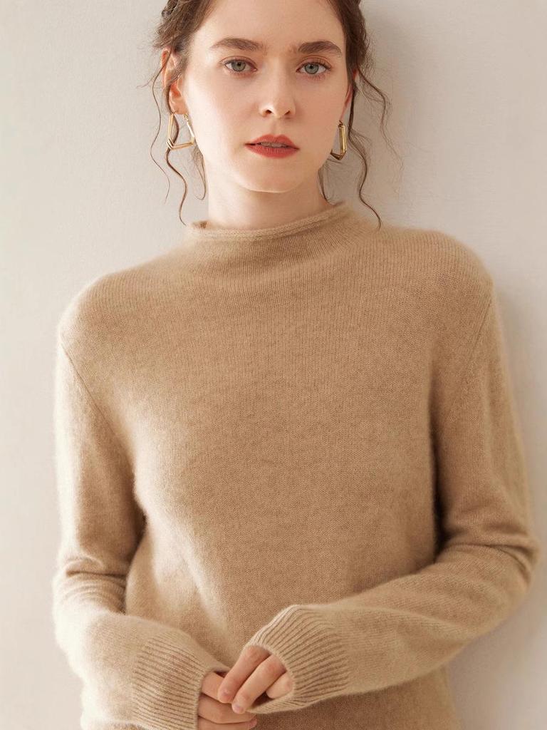 Women's Minimalist Cashmere Semi-High Neck Rolled-Edge Sweater - Loose Fit, Slimming, Long Sleeve