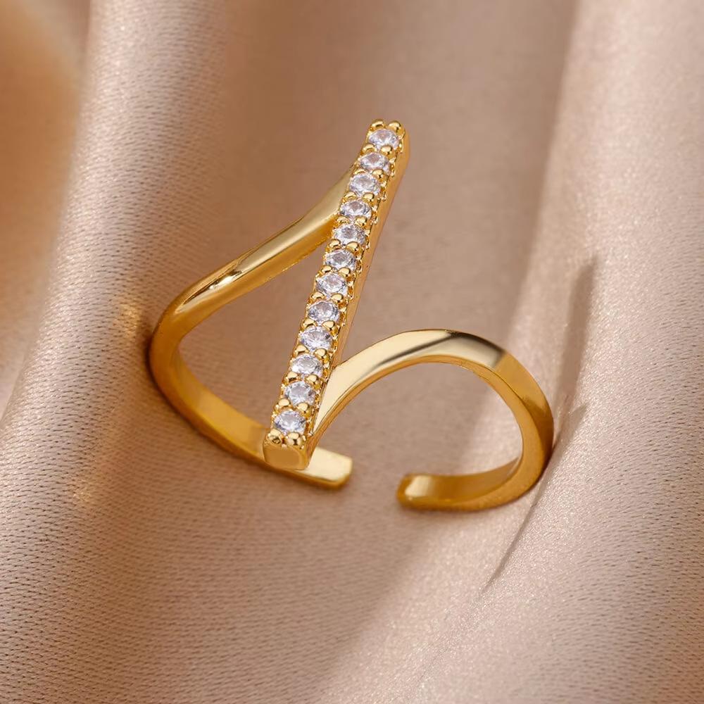 Gold Plated Stainless Steel Crystal Rings For Women Chain Geometry Zircon Finger Ring Jewelry Gift anillos mujer 2025 New Trendy
