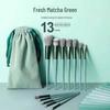 13-Piece Green Makeup Brush Set with Flannel Bag