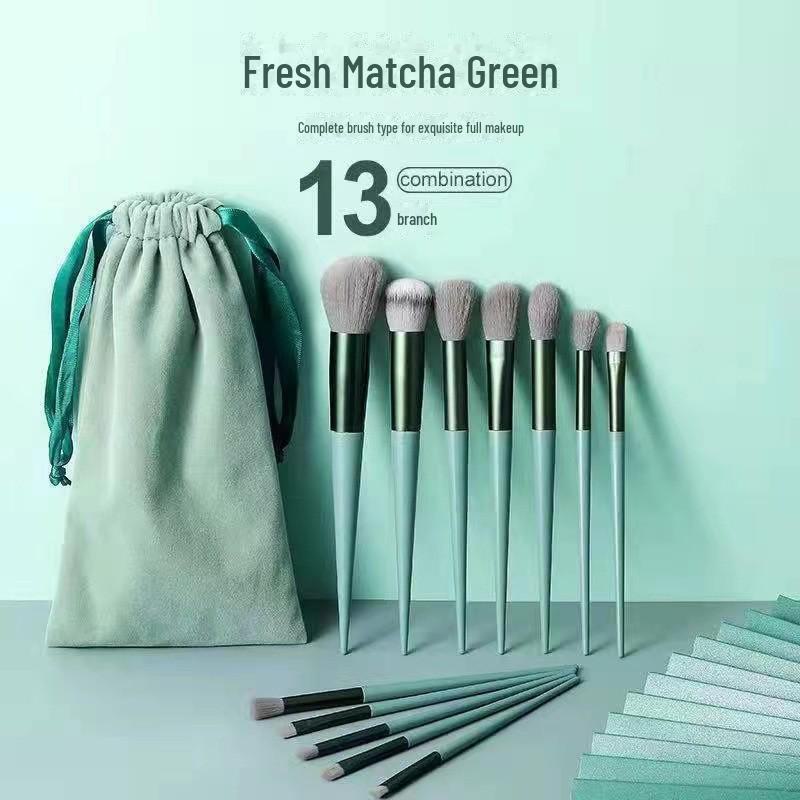 13-Piece Green Makeup Brush Set with Flannel Bag