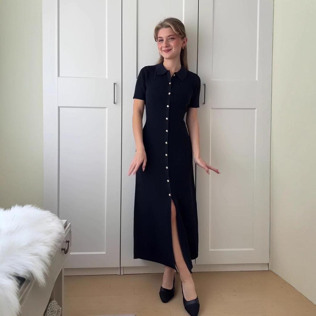 2025 Sommer Europäisches und Amerikanisches Damen Strick Kurzarm Umlegekragen Schlankmachendes Kleid