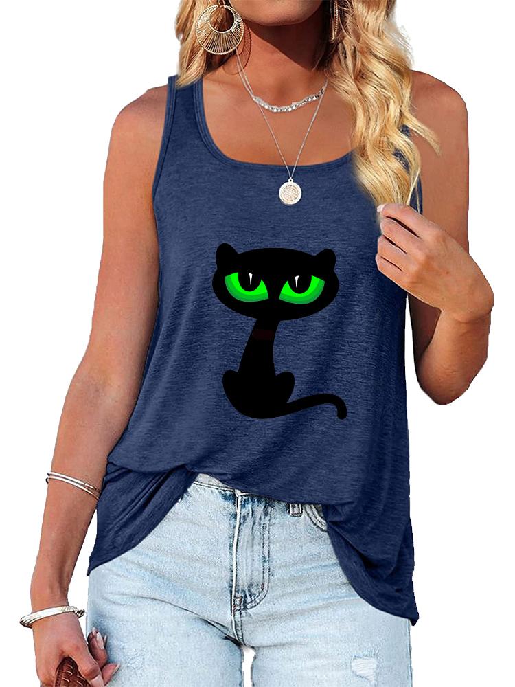 Women Fashion Round Neck Loose Tank Top Summer Casual Printed Sleeveless Shirt