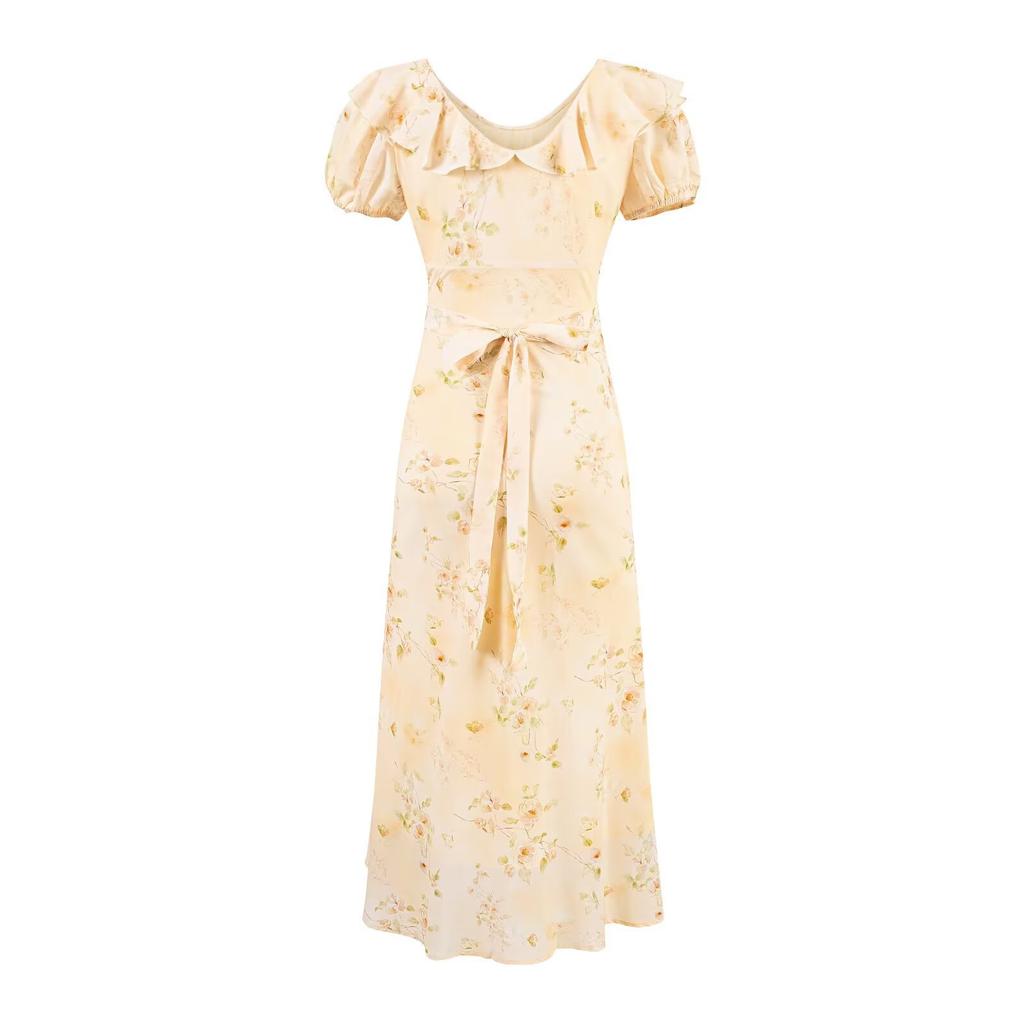 Pure Desire French Retro Yellow Printed Dress Women's Summer New Holiday Style Temperament Elegant Waist Dress