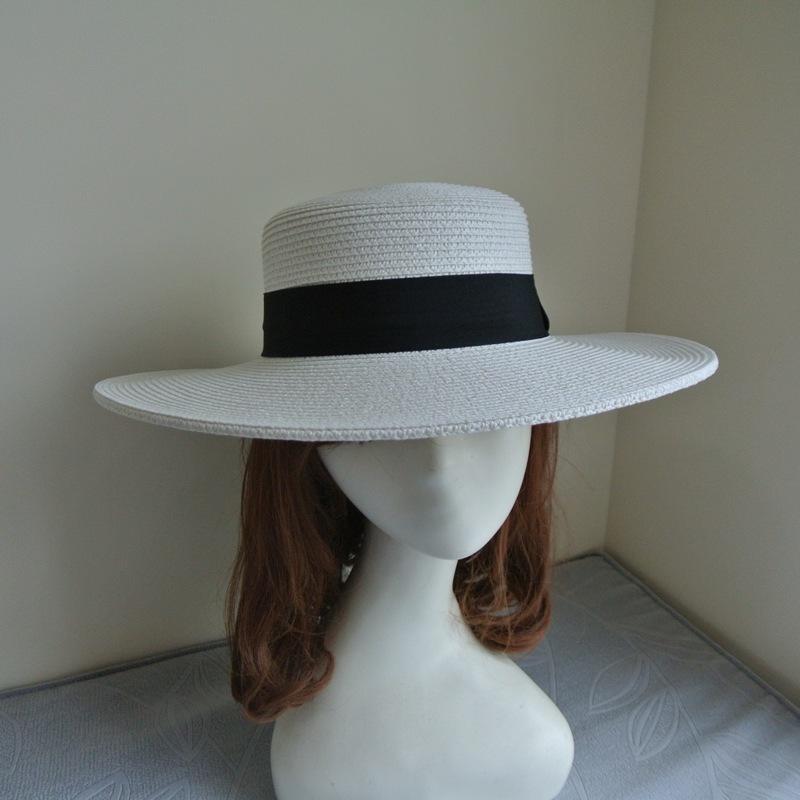 Korea Foreign Trade Summer French Wide Brim White Black Flat Top Straw Hat Women'S Sunshade Sun Hat Panama Top Hat