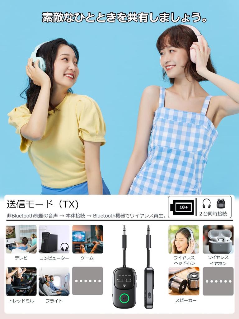 Bluetooth Transmitter Supports Both Receive and LED Simultaneous Connection of Two 18 Hours of Continuous Low Suitable for and Home TELEC Certified