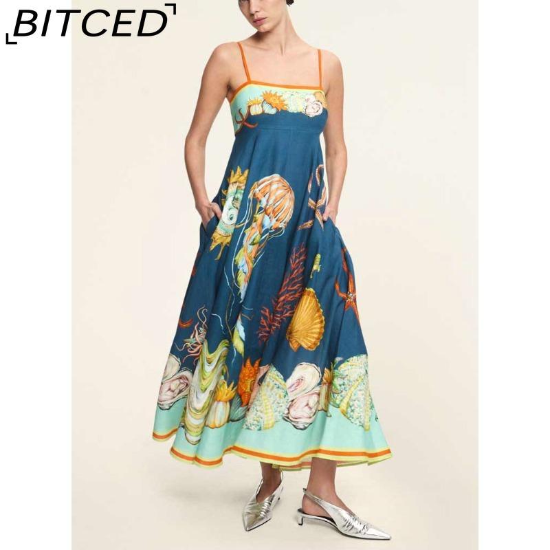BITCED Spring/Summer Casual Maxi Dress for Women Spaghetti Strap Printed Linen 9 Colors Full-Skirted Dress