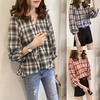 Women Loose-fitting Plaid Pattern Lantern Sleeves Three-quarter Sleeve Blouse