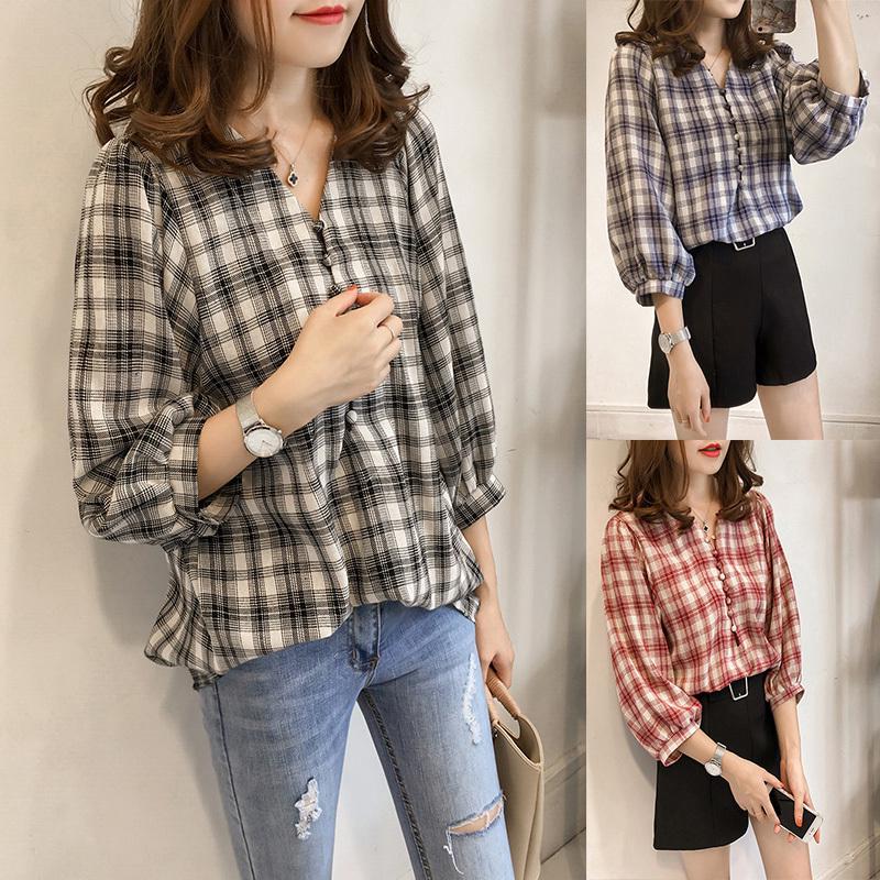 Women Loose-fitting Plaid Pattern Lantern Sleeves Three-quarter Sleeve Blouse