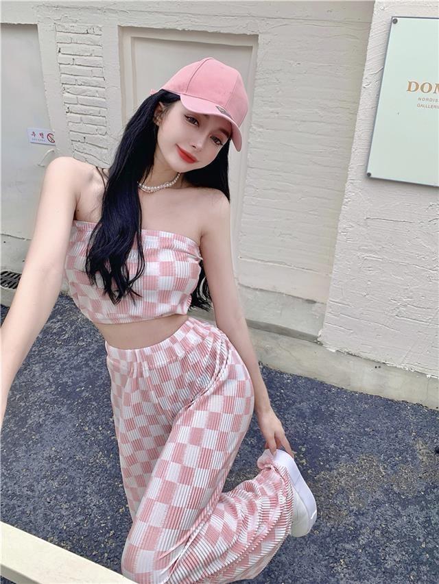Women's Summer Plaid Two-Piece Suit: Trendy Korean Tube Top with Wide-Leg Trousers