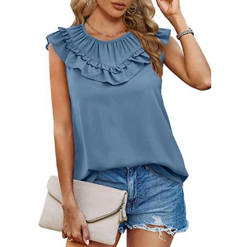 Sommer T-skjorte for kvinner med rund hals Plissert treørekant collage Ermeløs T-skjorte Tank Top Vest