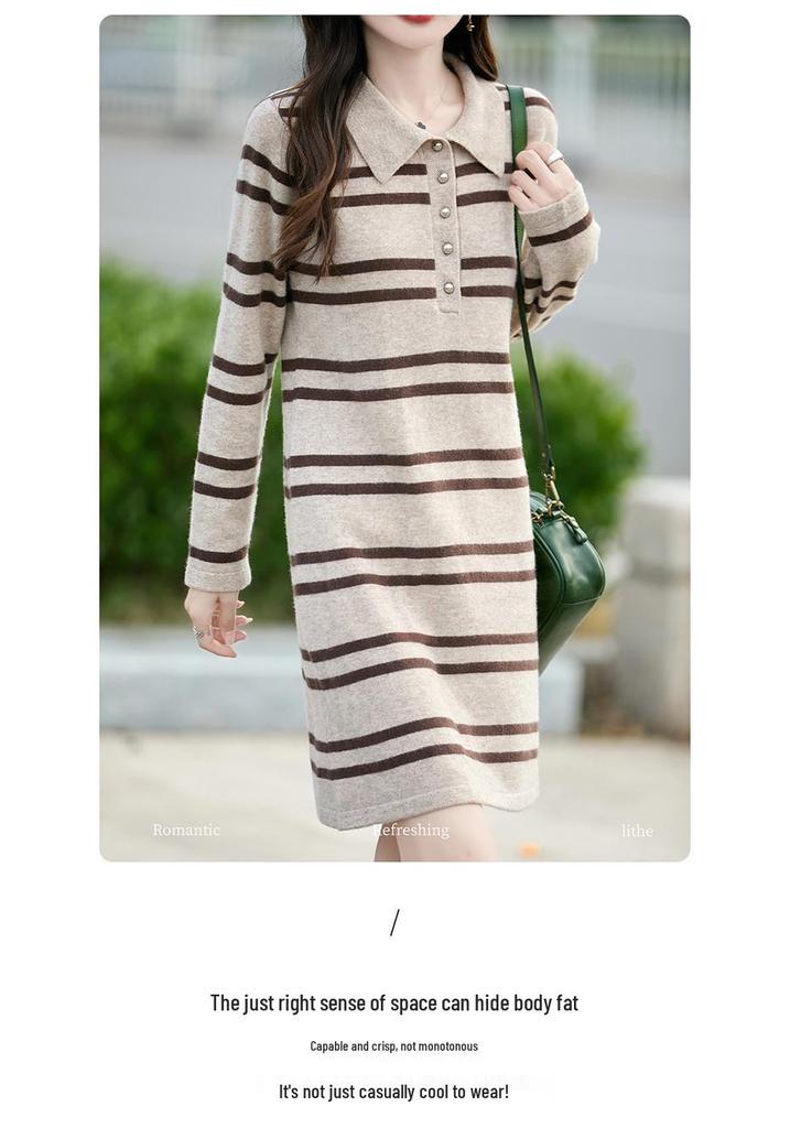 Women's Striped Wool Knit Sweater Dress with Half-Open Button-Up Polo Collar