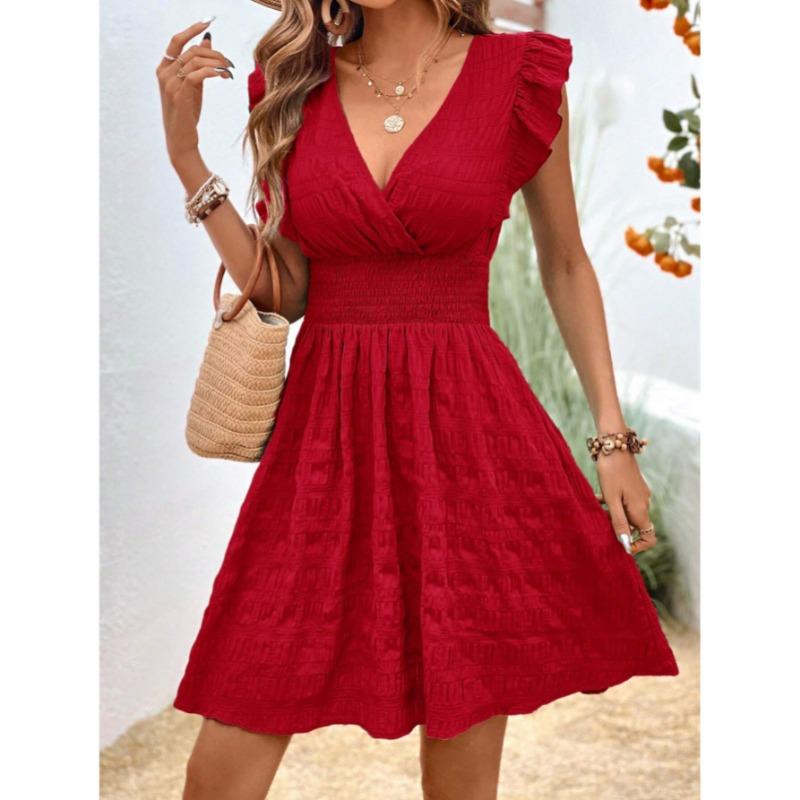 Moda Scollo a V Pieghettato Estivo Ruffles Vestito Vestibilità Aderente Sottile Elegante Monocolore Linea ad A Festa Casual Vestiti Corti Streetwear Dolce Semplice Abbigliamento Donna