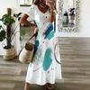 Women Plus Size V Neck Short Sleeve Printed Straight Long Dress