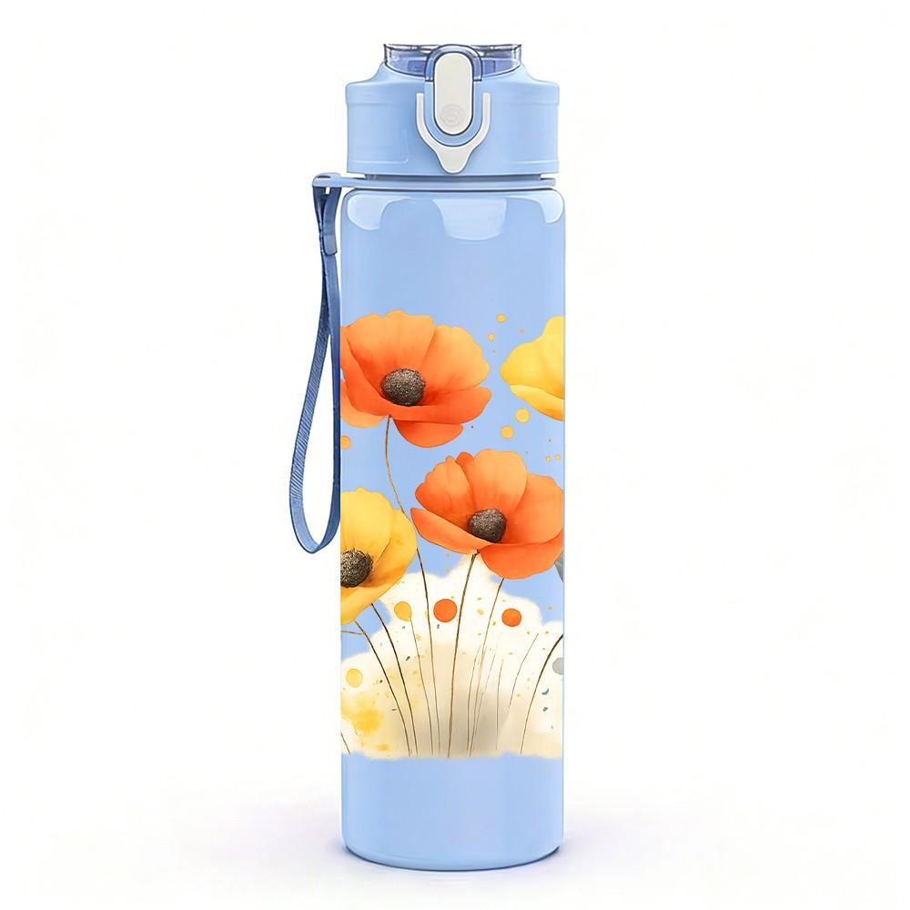 1PC Orange Wild Daisy Flower Cluster 750ml Color Plastic Sports Water Bottle Leakproof Flip Straw Lid For Sports Office Home Use