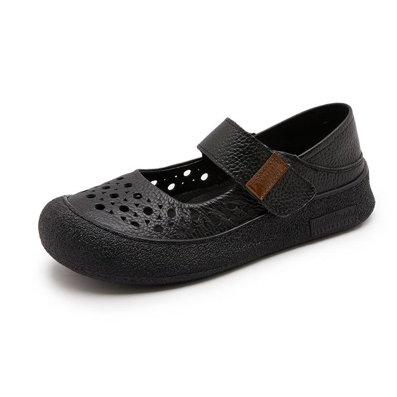 The first layer of cowhide retro genuine leather women's head summer new flat-bottomed Velcro hollow women's casual shoes