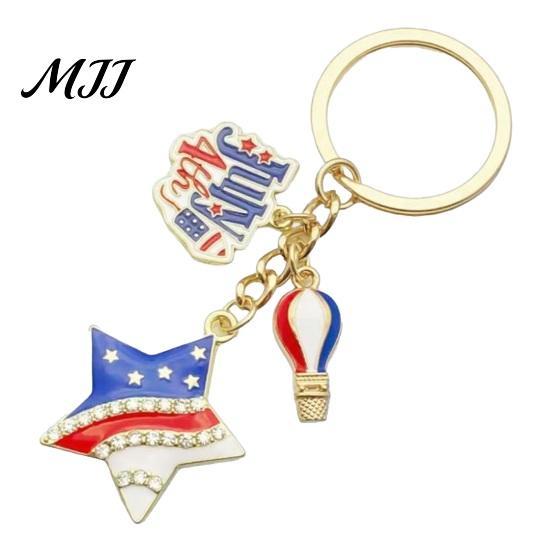 Star Shaped Keychain Independence Day Pendant, Enamel Zinc Alloy Key Holder with Feather Design USA Letters Stars Hearts Patriotic Design, American