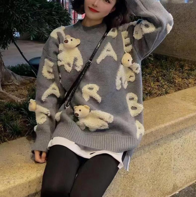 Korean 3D Little Bear Knit Sweater for Women - Loose, Fashionable, Plus Size for Autumn/Winter