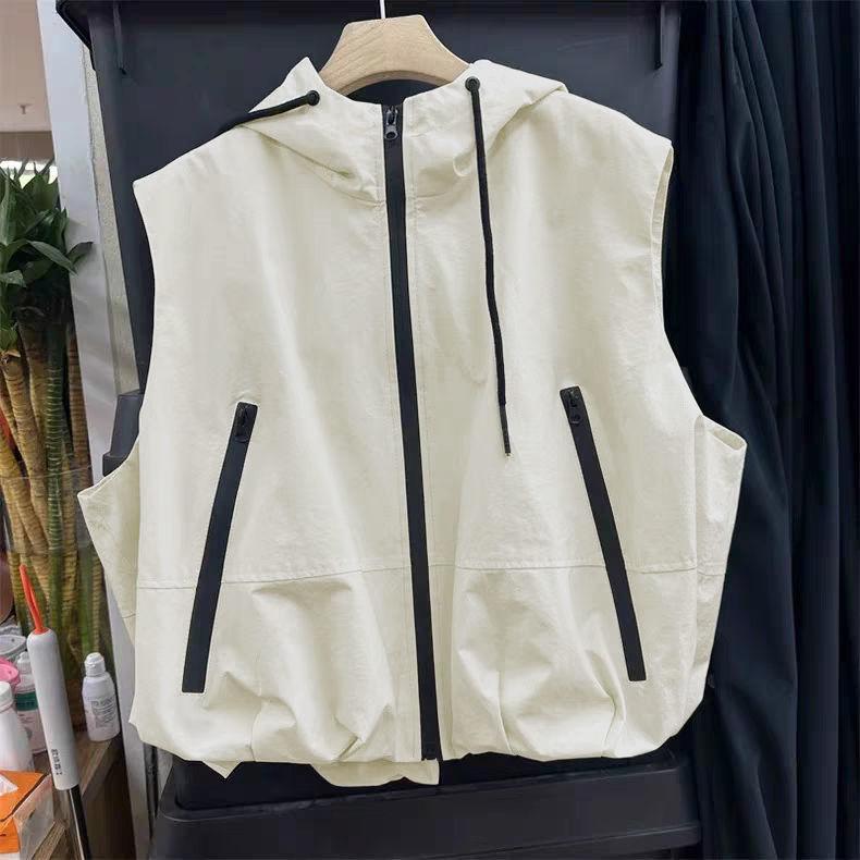 Women Spring Summer Layered Vest Casual Hooded Windbreaker Workwear Sleeveless Jacket Trendy