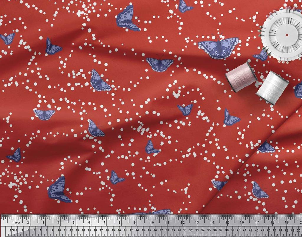 Soimoi Red Japan Crepe Satin Fabric Dot & Butterfly Print Fabric by the metre 42 Inch