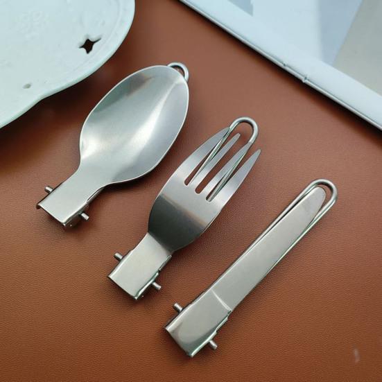 3 Pcs Stainless Steel Folding Spoon Fork Cutter Set Foldable Handle Rust-Proof Cutlery for Camping Picnic Kitchen Outdoor Tableware Soup Coffee