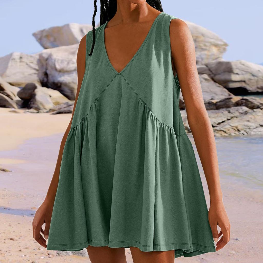 Women's Summer Sleeveless Dress Casual Loose V-neck Tank Top With Pockets