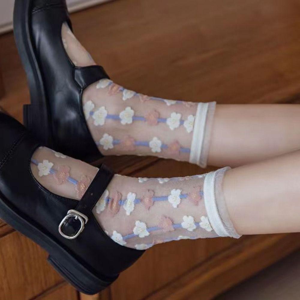 Sweet Floral Print Mid-calf Socks Ultra-Thin Crystal Silk Socks  Casual Wear