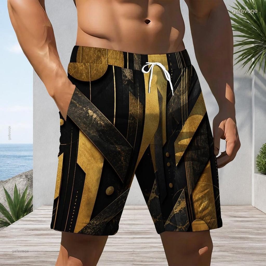 Men Plus Size Green Black Printed Beach Shorts Drawstring Waist Side Pockets Straight Leg