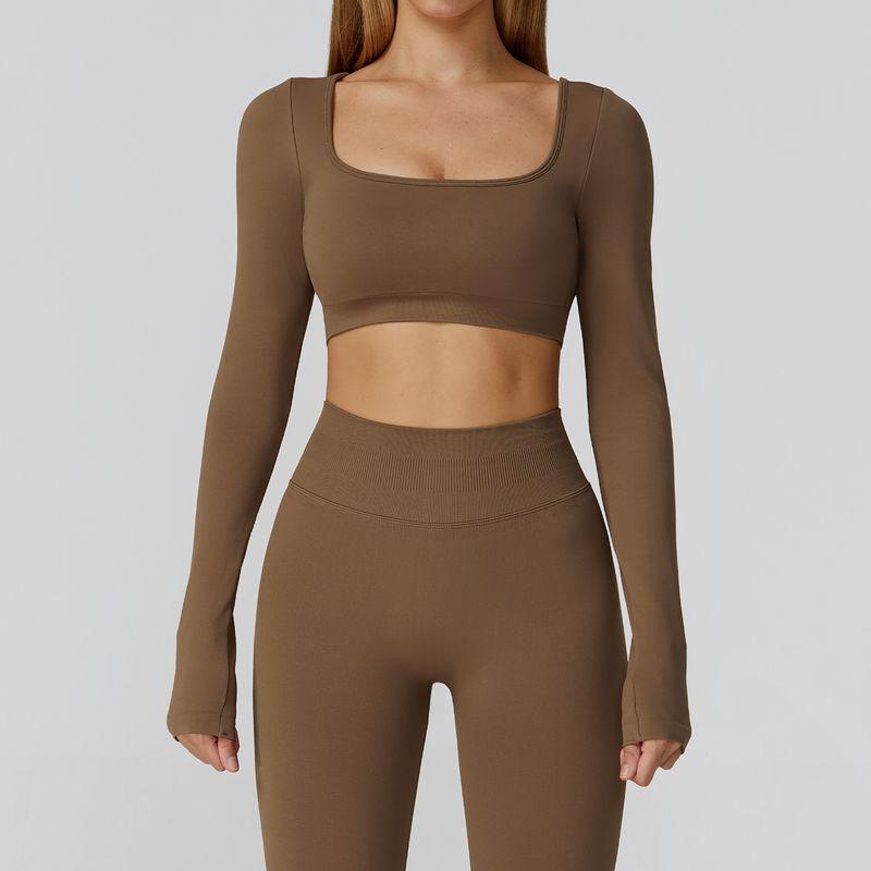 

Fashion Silm Seamless Yoga Clothes Hollow-out Beauty Back Yoga Long Sleeves Female Sense Sports Running Fitness Clothes Cocoa Brown L