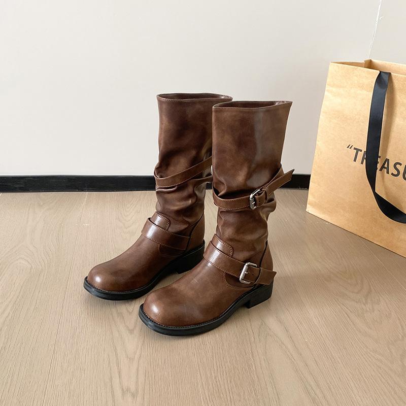 

Korean thick heel pile medium boots women s boots 2025 spring and autumn new belt buckle but knee high pleated western boots 40 коричневый