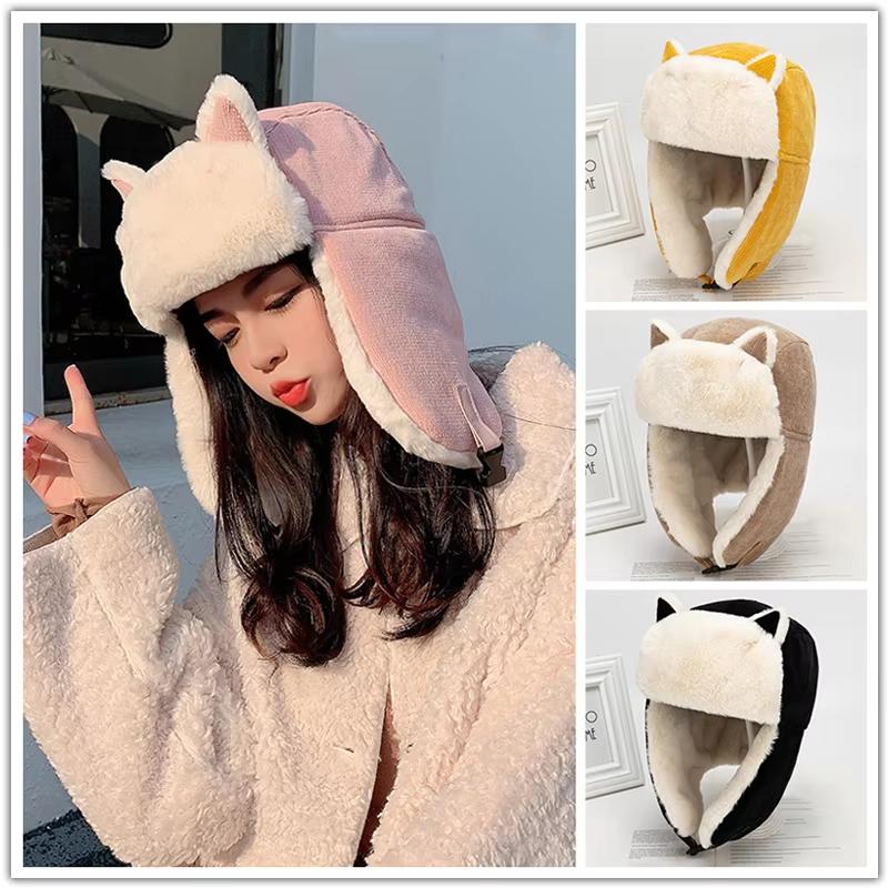 Cute Women's Warm Earmuff Thickened Earflap Hat Winter Cold Proof Warm Cotton Hat Cat Ear Cap Russian Hat