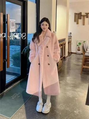 Autumn Winter New Faux Fur Wool Coat Thick Warm Elegant Long Length Plush Overcoat with Suit Collar