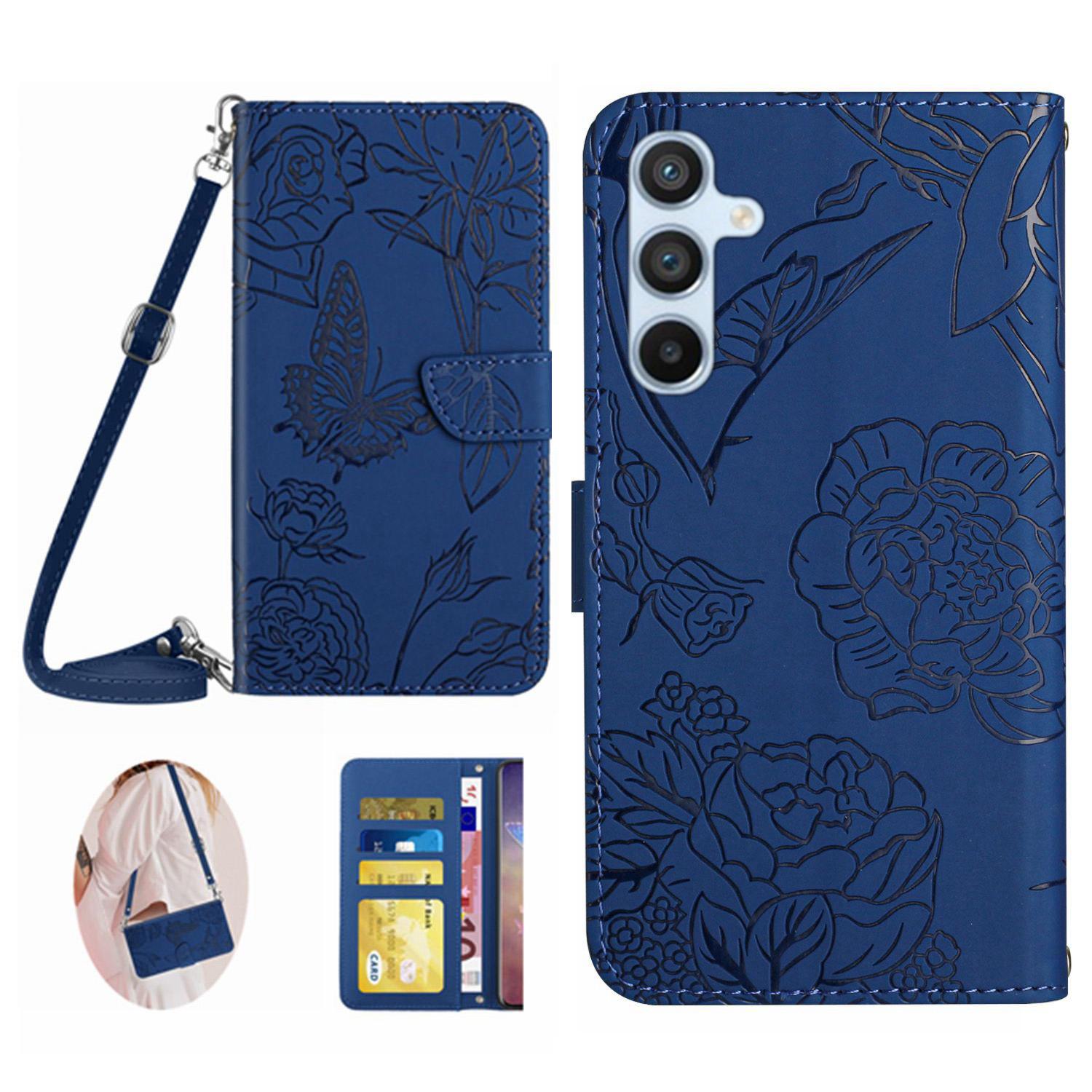 

For Samsung Galaxy A26 5G Case Anti-Drop Leather Phone Cover Butterfly Flower Imprint Blue
