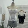 American Spicy Girl Lace PU Leather Patchwork See-Through Camisole with Chest Pads and Shirred Back Top