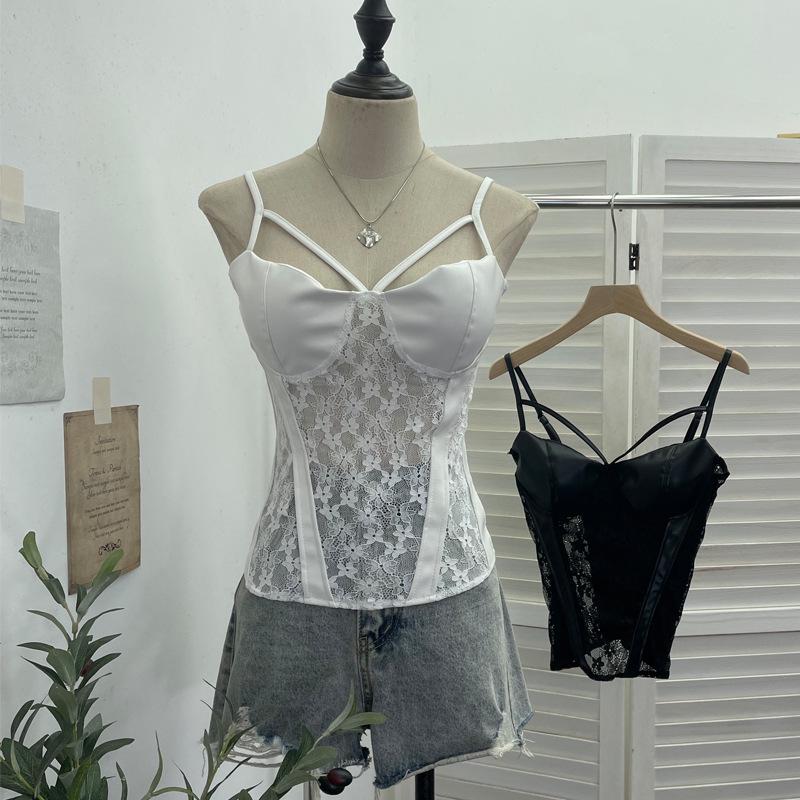 American Spicy Girl Lace PU Leather Patchwork See-Through Camisole with Chest Pads and Shirred Back Top