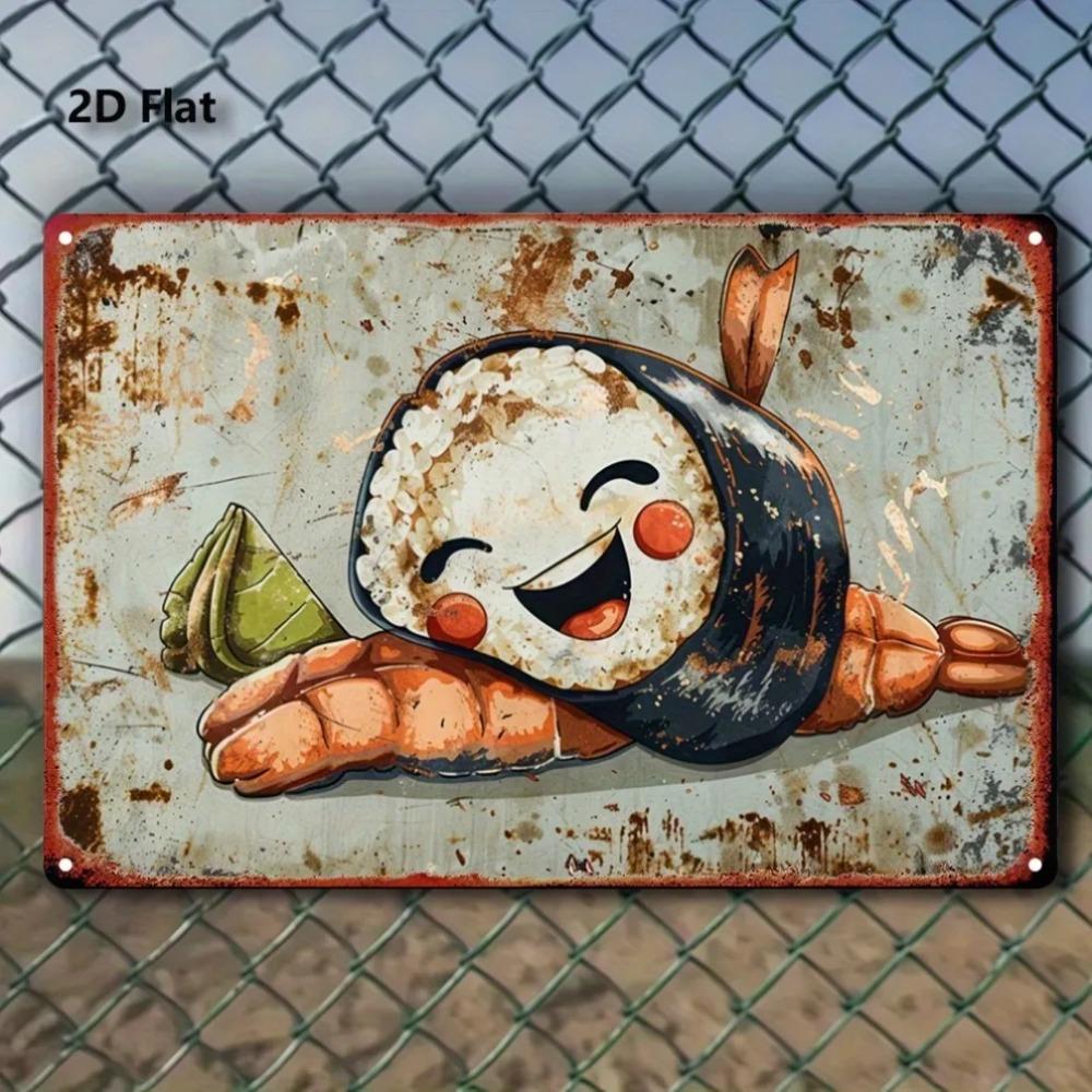1PC 2D Metal Sign Cartoon Sushi Shrimp Retro Iron Art 8x12in(20x30cm) Durable Wall Decor for Room Cute Design Home Kitchen De