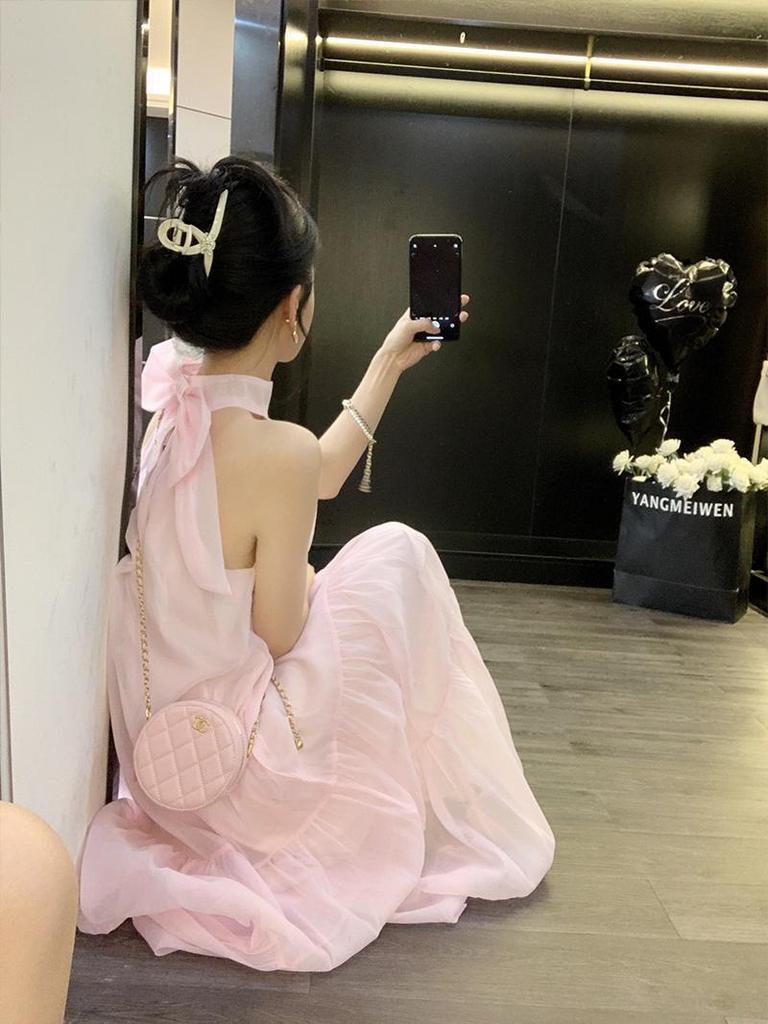 Women's Summer 2026 French Halter Neck Dress - Sweet, Age-Reducing, Long Fairy Skirt with Unique Design