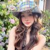 Fashion Star Women Sun Hat Wide Brim Breathable Plaid Fisherman Hat Sun Protection Japanese Style Sunscreen Bucket Hat Riding