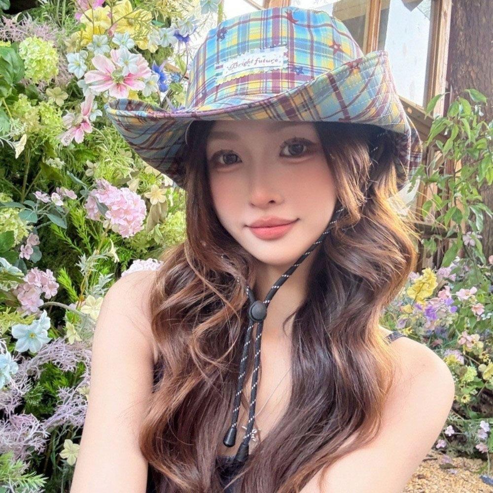 Fashion Star Women Sun Hat Wide Brim Breathable Plaid Fisherman Hat Sun Protection Japanese Style Sunscreen Bucket Hat Riding