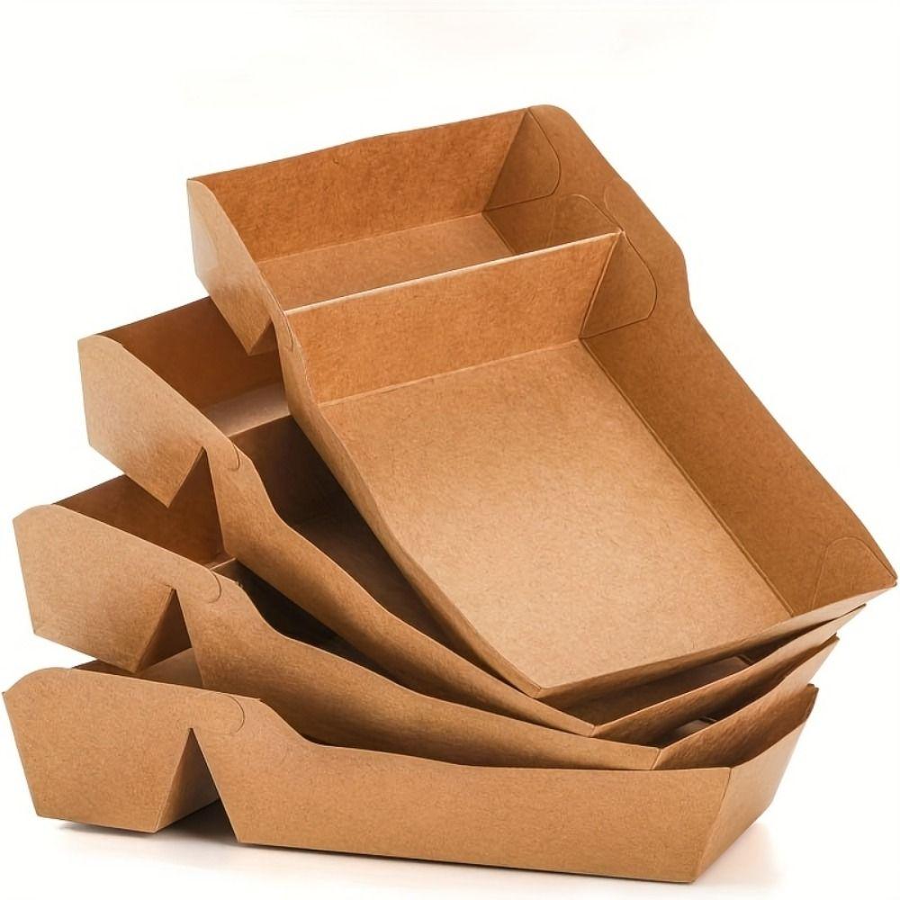 50Pcs 320/440/520ML Capacity Snack Fries Plate Two Grids Kraft Paper Snack Box  Fried Chicken
