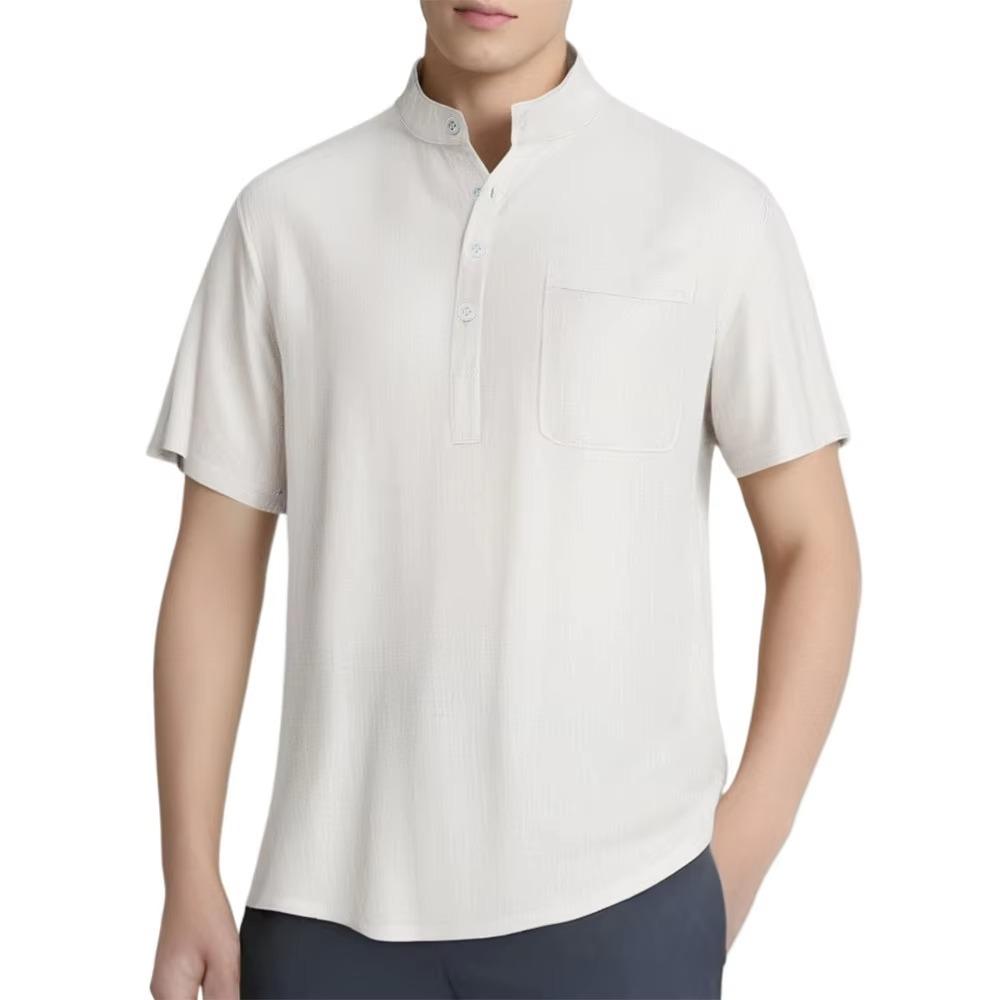 Men's Cotton Linen Shirts Casual Short-sleeved T-shirts Hawaiian Henrey Shirt Solid Color Male Tees