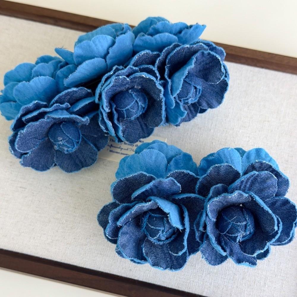 Denim Blue Women Vertical Clip Camellia Floral Twisted Hair Clip Elegant Flower Banana Clips  Girls