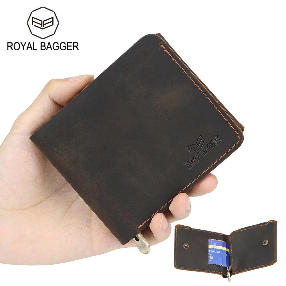 

Короткие кошельки Royal Bagger для мужчин, кожаный тонкий держатель для карт Crazy Horse, простой винтажный кошелек на молнии из натуральной яловой кожи 1583 темно-коричневого
