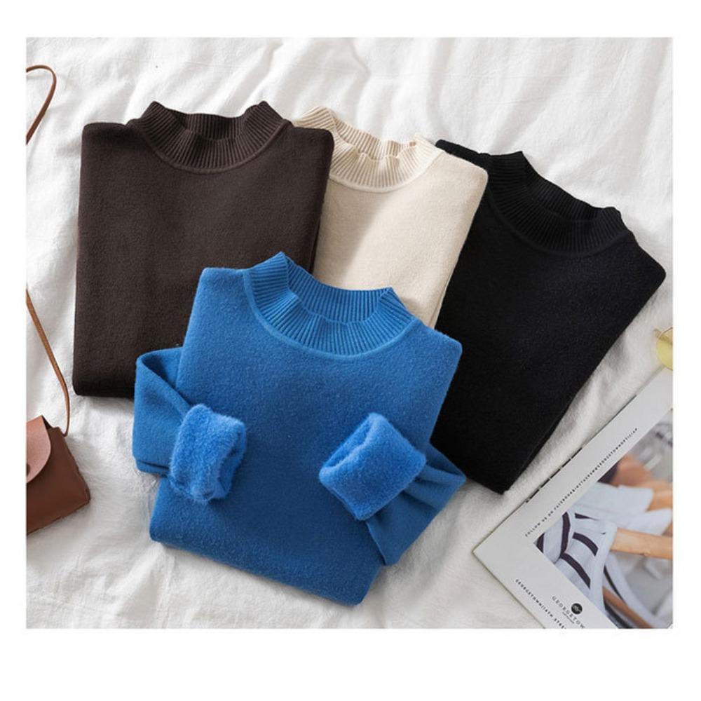 Autumn and Winter Women's Padded Thickened Sweater Single Layer Mid-collar Half-high Neck Knitted Bottoming Shirt Mink Warm Tops