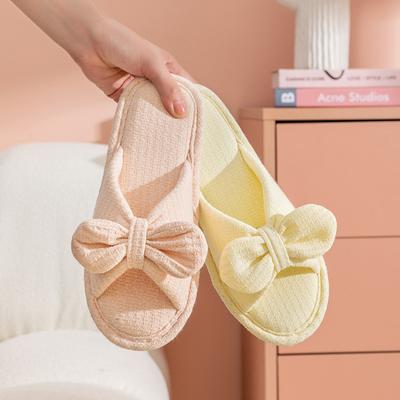 Girls' Elegant Bow Knitted Slippers Cute Open-toe Couple Sandals Pink Home Cotton Slippers Comfortable Indoor Shoes