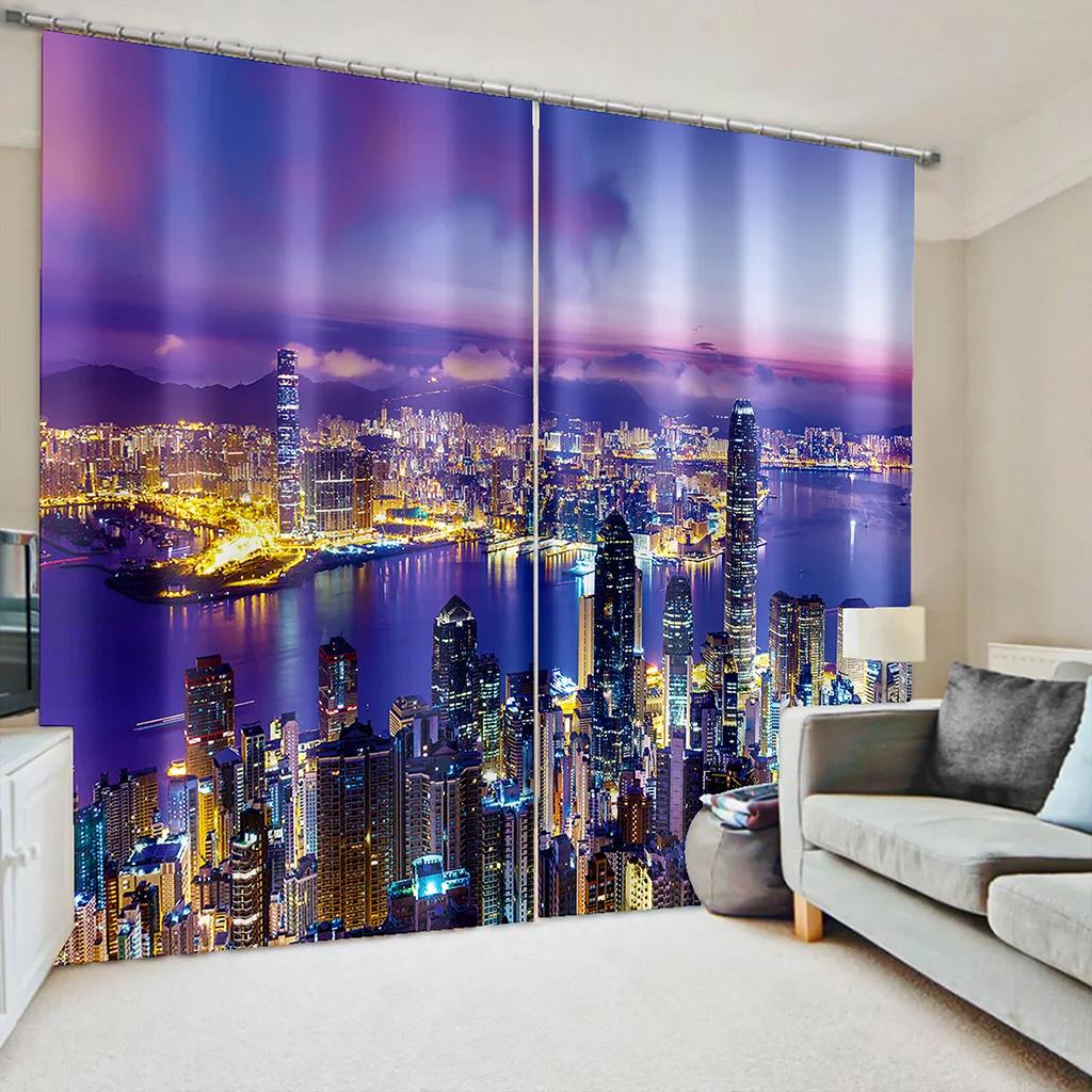 City Night Scene Modern Urban Architecture Window Curtains Blinds For Living Room Bedroom Bathroom Kicthen Door Home Decor2Pcs