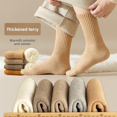 Female Autumn and Winter Solid Color Towel Bottom Thick and Velvet Warm Wool Tube Socks