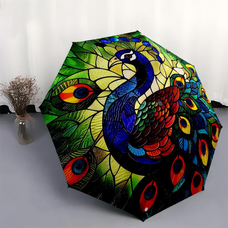 1pc Stained Glass Peacock Design Pattern Beautiful Looking Automatic Folding Umbrella, 3 Folding, 8 Iron Frame Design, Durable and Suitable for T